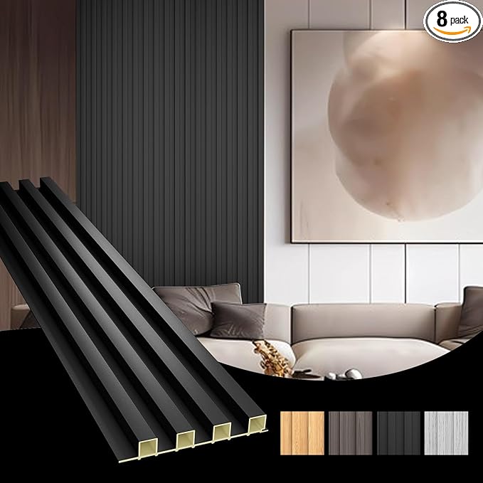 OUZUGIE WPC Acoustic Slat Wall Paneling, 8-Pack 114 x 6 Inches 3D Wall Panels for Interior Wall Decor,Living Room,TV Background,Study Room,Office Spaces,Bedroom,High Grille (Black)