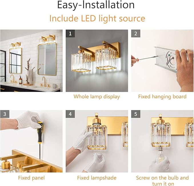 FDPBY Modern Bathroom Vanity Light 2-Lights Gold Crystal Bathroom Wall Light Vanity Light Fixtures，12.59-inch Modern Minimalist Design