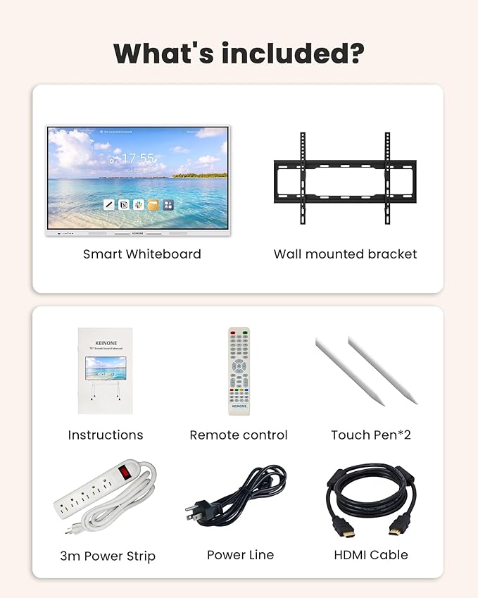 KEINONE Interactive Smart Board for Classroom, 85” 8+128 GB Electronic Digital Whiteboard Built-in Android OS & Open App Ecosystem - 4K Touchscreen Smartboard for Home Office School Studio Display