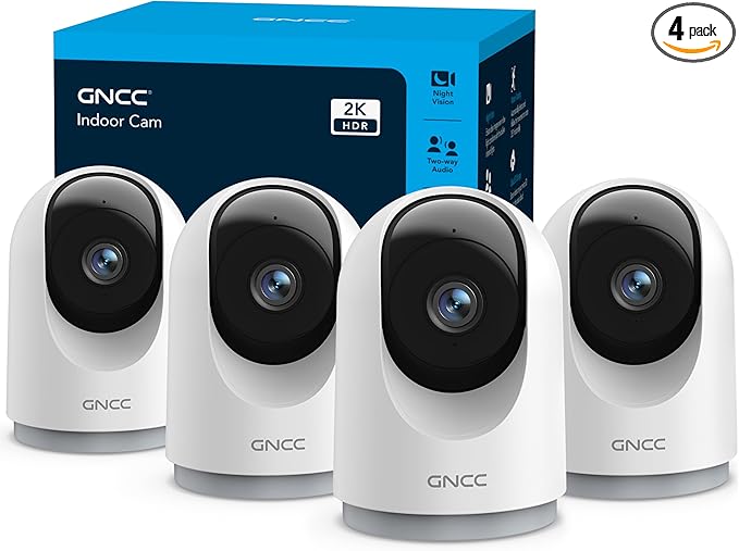 GNCC 2K Security Cameras 4pcs, Home Security Camera Indoor with 360° Motion Detection for Pets/Baby/Dog, Two-Way Audio, Night Vision, 24/7 SD Card Storage, Cloud Storage, Compatible with Alexa