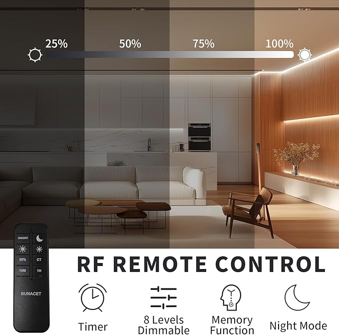 BUNACET COB LED Strip Light 40ft/12m (1 Roll) Cool White 6500K High Lumen CRI 90+ with UL Listed Power Adapter RF Remote for Bedroom Counter Under Cabinet Kitchen Projects