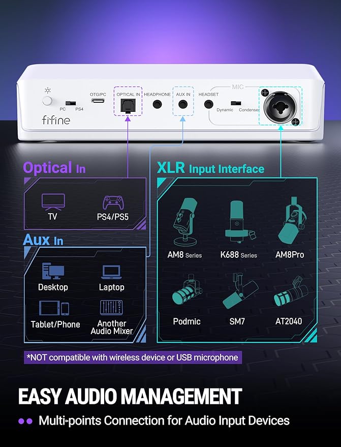 FIFINE Audio Mixer for Gaming with 7.1ch Surround Sound-Volume Knob-Mute-Voice Chat, RGB Computer Mixer with XLR Mic Interface Compatible wtih TV for Live Streaming-AmpliGame SC8W