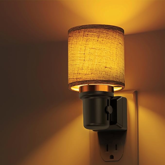 L LOHAS LED Night Lights Plug into Wall, Linen Fabric Cylinder Decor Night Light, Dusk to Dawn Sensor Vintage Nightlight, Amber Warm 0-100LM Dimmable, for Bedroom Living Room Hallway
