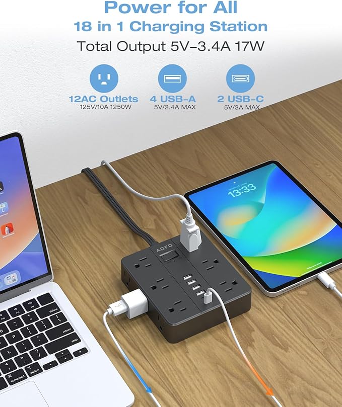 AOFO 15FT Surge Protector Power Strip,12 AC Outlets with 6 USB Ports (2 USB-C), Flat Plug Extension Cord with Multiple Outlets, Wall Mount for Home Office,Dorm, Black