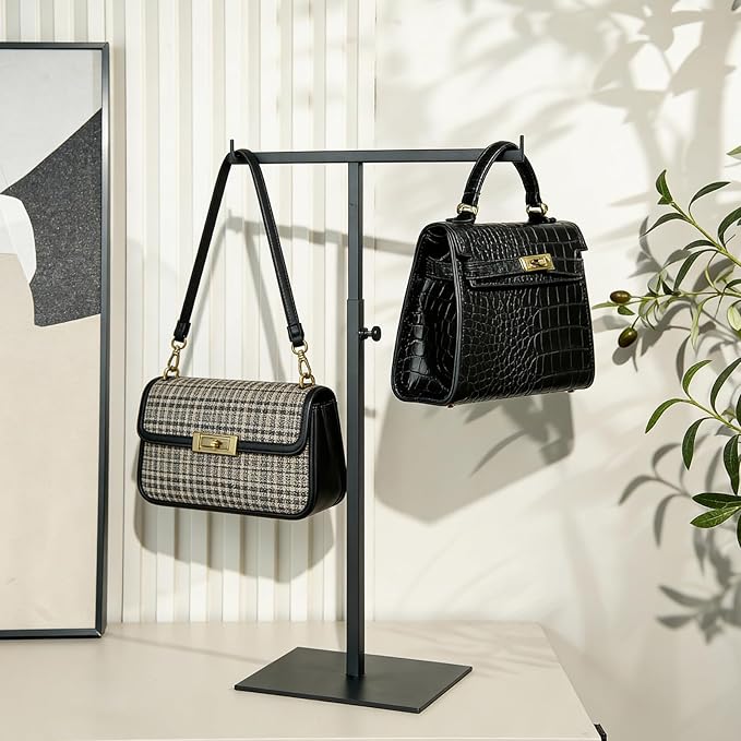 Purse Display Stand Jewelry Towers - 2 Pack Purse Stand Handbag Bag Display Black Tabletop Stainless Steel Hook Hanging Jewelry Stands for Necklaces Organizer Adjustable Height Home Store Boutique