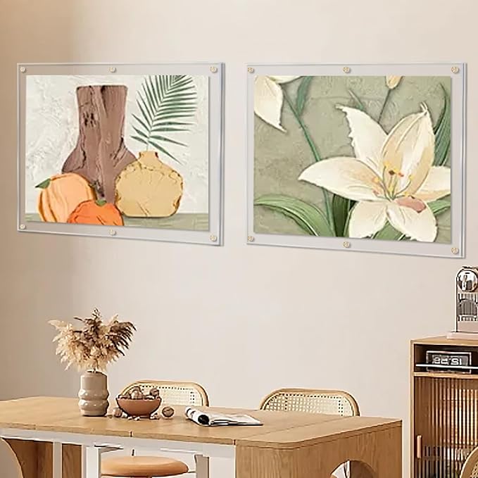 Kalami 16x20 Clear Acrylic Wall Mount Picture Frame Self Adhesive, No Drill Holes Floating Frameless Large Photo Frame for Paintings Portrait Landscape Poster or Other Artworks