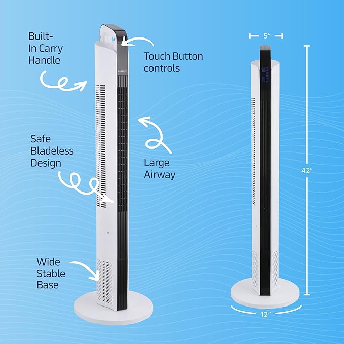 NEXAIR 42” Oscillating Tower Fan, 3 Speed Portable Fan Tower With Remote Control, Quiet Operating Floor Fan for Bedroom with 7.5 Hr Auto Off Timer, Modern Design Room Cooling Fan For Home & Office