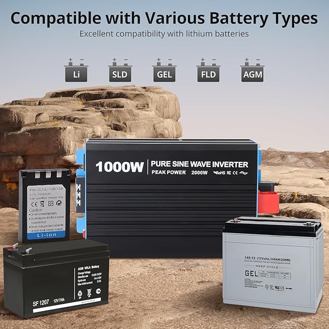 1000W Pure Sine Wave Inverter,1 USB Port 5v/2.1a,LCD Display&Remote Controller for Home, RV, Truck