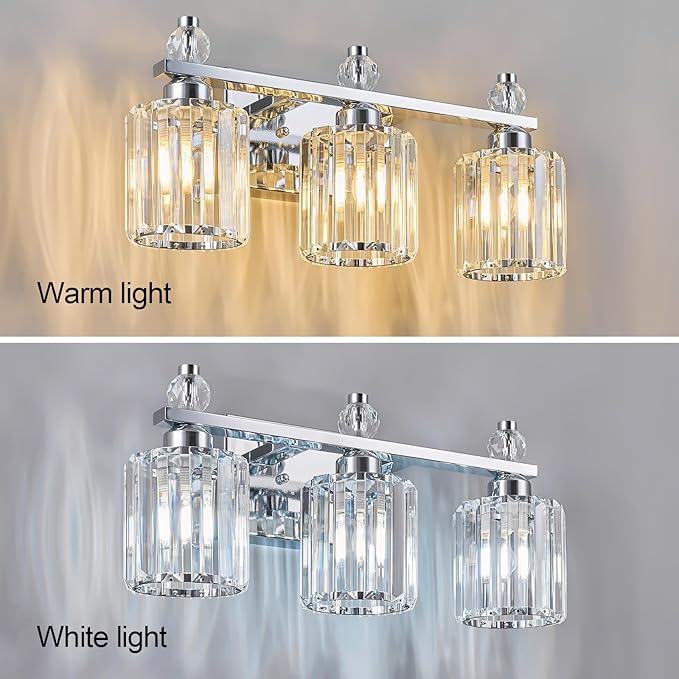 FDPBY Bathroom Vanity Lights 3-Light Chrome Modern Crystal Vanity Light Fixtures Over Mirror Crystal Bathroom Vanity Lighting Fixtures