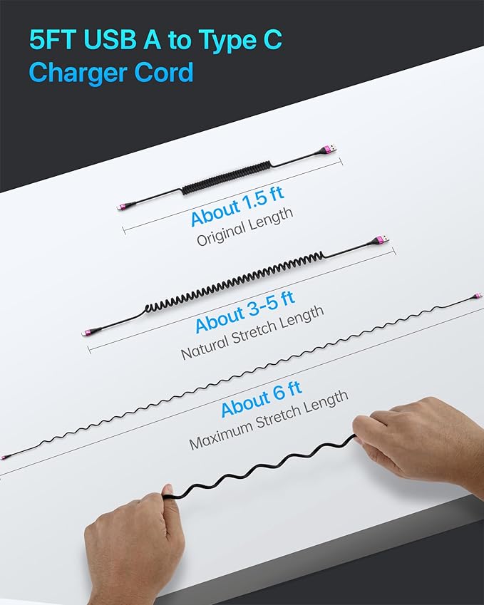USB C Cable Fast Charging, 2Pack 5ft Coiled USB A to USB C Cable for Car, USB Type C Charger Cord Compatible with iPhone 17/16/15 Pro Max/Samsung Galaxy S20 S10 and More USB C Devices-Rose Red