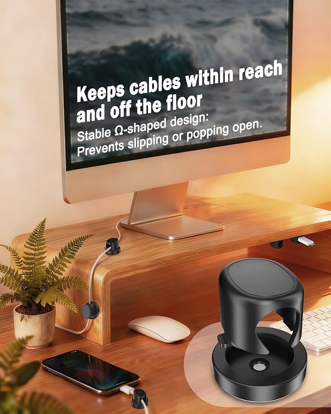 TIKIWIK Rotatable Cord Holder, Snap-Lock Cable Clips, 8 Pack Adhesive Cord Organizer, Phone Charger Wire Organizer Keeper for Nightstand Car Kitchen Office Accessory,Black