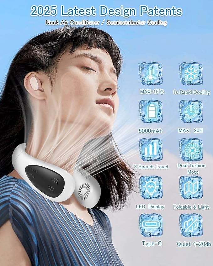 GAITIR Neck Air Conditioner, Portable Neck Fan with Cooling Plate 360°Cooling Airflow, 5000mah Rechargeable USB Fan Hands Free Bladeless Wearable Foldable Mini Fan for Men Women Home Office Outdoor