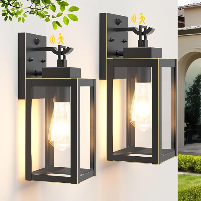 LTBLIGHT 2-Pack Motion Sensor Outdoor Porch Lights, Vintage Black-Gold Dusk to Dawn Exterior Lighting Fixtures, Waterproof Wall Sconces with 3 Modes for House, Yard, Garage, Garden