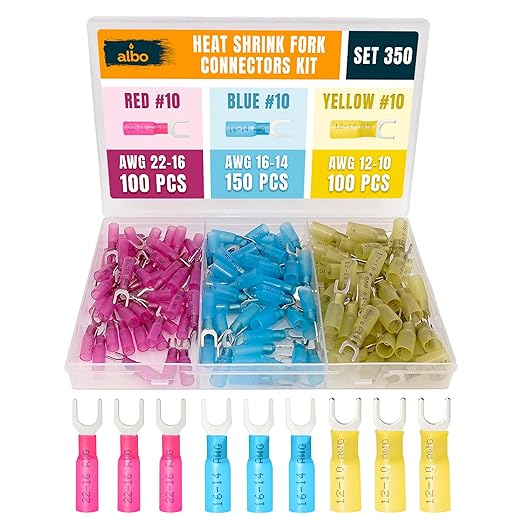 ALBO 350PCS Heat Shrink Fork Spade Connectors Kit #10 – 22-10 AWG Tinned Copper Terminals, Waterproof Wire Terminal Connector Assortment for Automotive, Marine, Speaker & Electrical Wiring