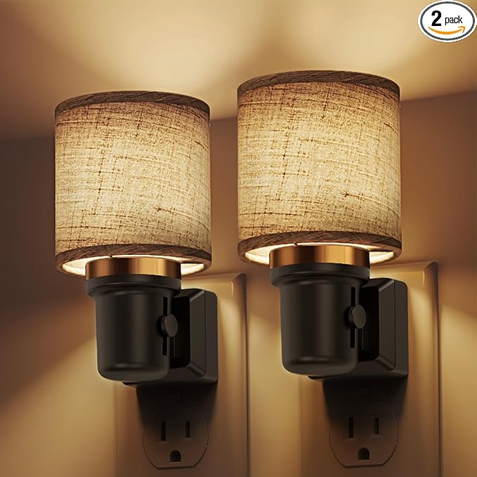 L LOHAS LED Night Lights Plug into Wall, 2 Pack Linen Fabric Cylinder Decor Night Light, Dusk to Dawn Sensor Vintage Nightlight, 0-100LM Dimmable, for Bedroom Living Room Hallway