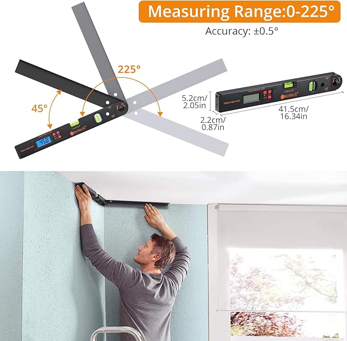 Neoteck Aluminum Digital Angle Finder Protractor 225° 16 inch Backlit LCD Digital with Horizontal and Vertical Bubble - Black