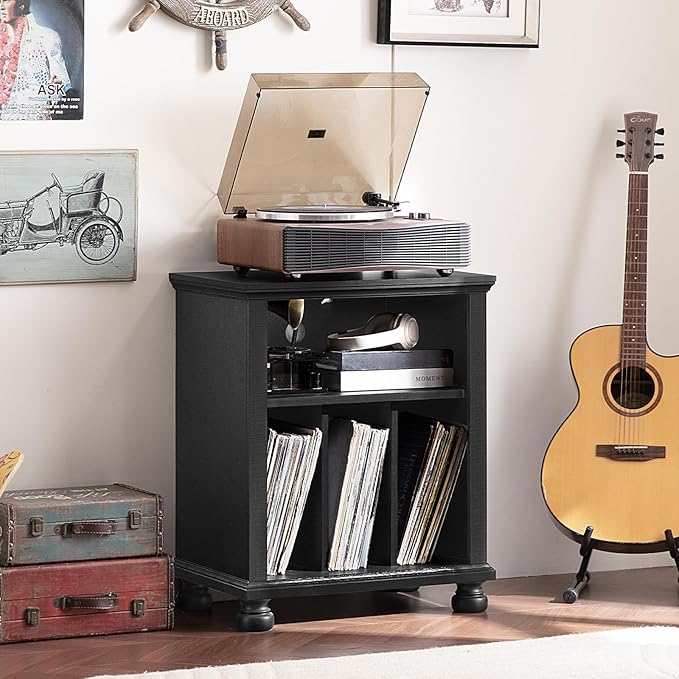 Joaxswe Record Player Stand with Charging Station Up to 200 Albums, 24" Wide Mid-Century Record Player Table with Vinyl Record Storage,Large Wood Turntable Stand Dispaly Cabinet for Living Room,Black