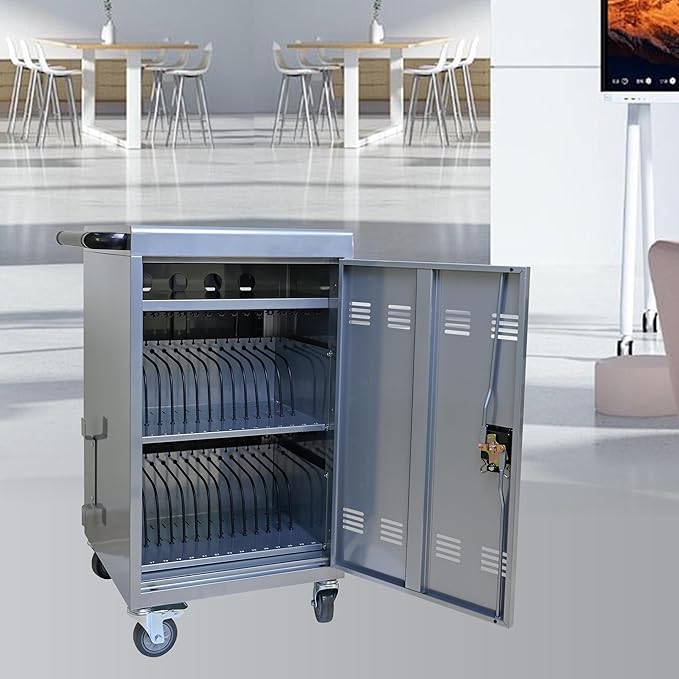 Aokleo 32 Devices Laptop Charging Cart, Tablet Storage Carts for Pad Up to 16.3" Screen Size, Classroom Computer Mobile Charging Station for Pads,Chromebooks,Laptops,Security Storage (Silver)
