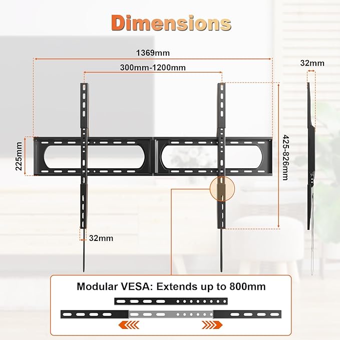 PUTORSEN 37-140'' Heavy Duty TV Wall Mount, up to 275lbs, Low Profile Fixed TV Wall Mount, with Quick Lock and Release, Max VESA 1200 x 800mm, Fits 16"/18"/24" Stud, Flush Slim Design