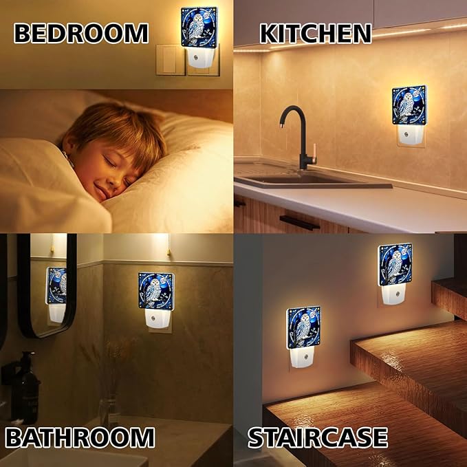 PODMemory Owl Stained Glass Night Lights Plug into Wall for Room, Owl Night Light LED for Bedroom