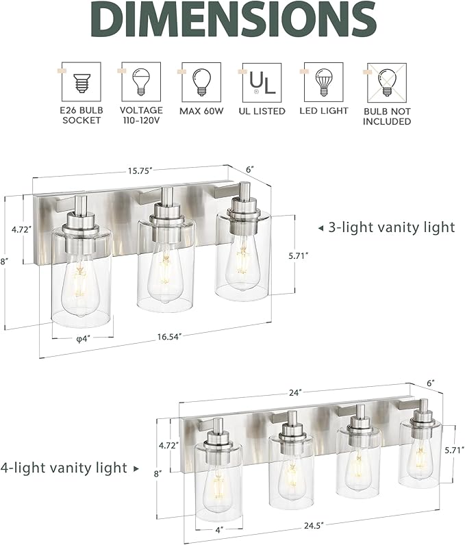 METWET 3-Light Bathroom Light Fixtures, Brushed Nickel Vanity Light with Cylinder Clear Glass Shade, Modern Vanity Lighting Fixtures Over Mirror, VL143-BN-3