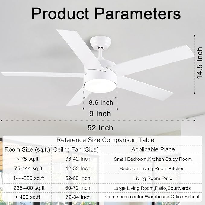 POCHFAN 52 inch White Ceiling Fans with Lights and Remote, Reversible 5 Blades Modern Ceiling Fan for Bedroom, Living Room, Dining Room, LED 3 CCT 6-Speed Noiseless, ETL Listed
