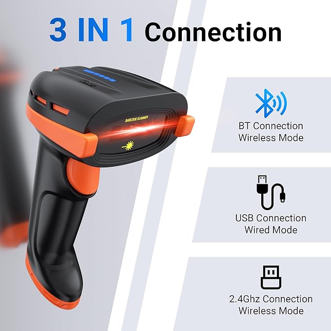 Tera Pro Barcode Scanner with Power Switch Battery Level Indicator Replaceable Battery Wall Mountable Stand 1D 2D QR Works with Bluetooth 2.4G Wireless USB Wired Bar Code Reader D6100