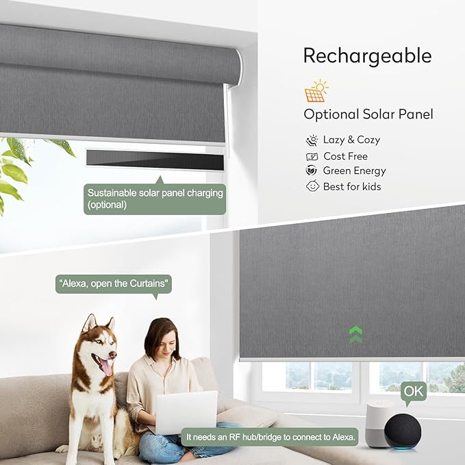 Zshine Motorized Blackout Window Blinds Customize Width (23-95 Inches) Remote Control Wireless and Rechargeable Roller Shades Blinds for Windows, Home, Office, Hotel, Club, Restaurant(82164D)