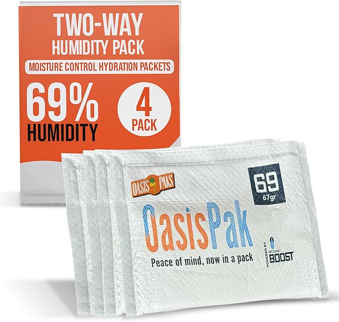 OasisPak 69% RH Two-Way Humidity Control Packs (4 Pack) - 67 Gram Packs | Maintain Humidty, Freshness, Flavors & Aromas | Salt-Free, Leak-Proof Moisture Absorbers for Storage Cases & Containers