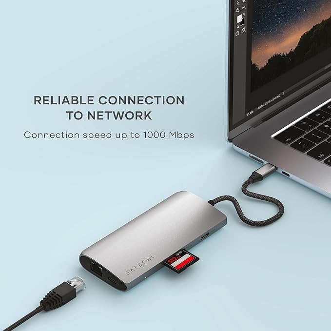 Satechi 8 in 1 USB C Hub Multiport Adapter V3, 8K HDMI, 100W Charging, 4 USB Data Ports, Ethernet, SD Card Reader, for Laptop, for Mac/Windows, MacBook Air/Pro M5/M4, iPad - Space Gray