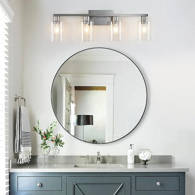 SOPEAS 4 Light Bathroom Light Fixtures, Brushed Nickel Modern Bathroom Vanity Light with Clear Glass Shade, Bathroom Lighting Fixtures Over Mirror, Vanity Lights for Bathroom Mirror