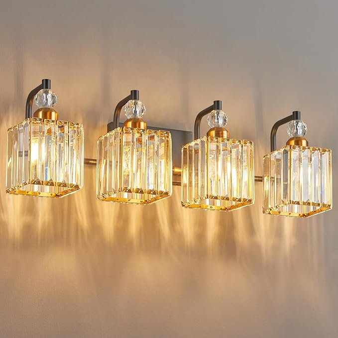 BBLLWJ Black and Gold Bathroom Lights Fixture 4-Light Bathroom Light Gold Brushed Brass Finish Crystal Vanity Light Fixtures Modern Bathroom Light Fixtures Over Mirror