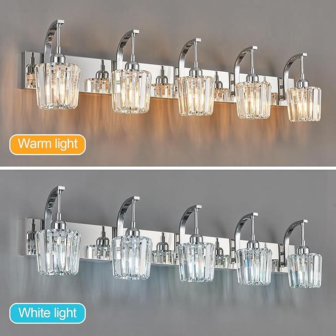 FDPBY Modern Bathroom Vanity Light, 5-Light Chrome Wall Sconce with Crystal Accents, Over Mirror Bathroom Lighting Fixture, 42.52" Long Dimmable Vanity Lamp for Makeup, Easy Installation