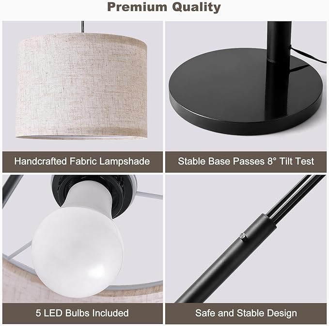 Fansdrick Floor Lamps for Living Room, 4000LM Super Bright Arc Floor Lamp with Remote Control, 5 Light Tall Floor Lamps with Stepless Dimmable, 80" Mid Century Tree Floor Lamp for Bedroom, Office