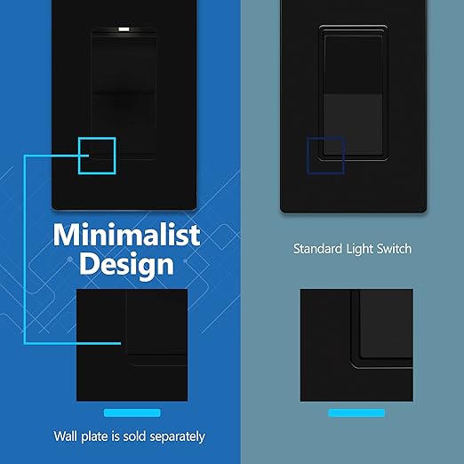 LIDER Minimalist Design Matte Finish Lighted Decorator Switch with Wall Plate, Frameless Paddle Light Switch with Locator Light, Single Pole, Grounding Screw, 15A 125V, UL Listed, Black, 10 Pack