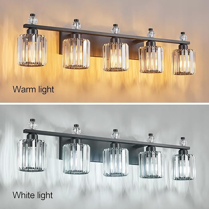 FDPBY Bathroom Vanity Lights 5-Light Sand Black Modern Crystal Vanity Light Fixtures Over Mirror Crystal Bathroom Vanity Lighting Fixtures
