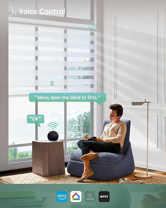 Yoolax Motorized Zebra Blinds Compatible with Alexa, Motorized Blinds with Remote Custom Size, Light Filtering Privacy Electric Zebra Shades for Windows (Linen Ivory)