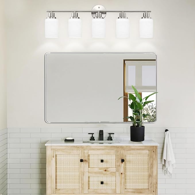 Guliaofo 5-Light Brushed Nickel Vanity Lights, Bathroom Light Fixtures with Textured Milky White Glass Shade, Modern Bathroom Lighting Fixtures Over Mirror Wall Sconce Light - E26 Base