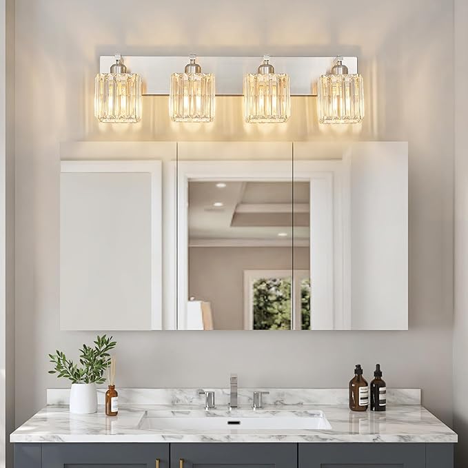 FDPBY Modern Vanity Light 4-Lights Brushed Nickel Vanity Light Crystal Bathroom Wall Light Bathroom Light Fixtures