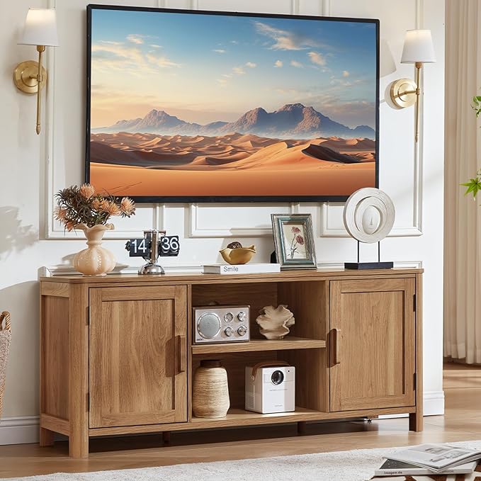 Joaxswe Farmhouse 55" Entertainment Center,Dark Wood Tv Stand with Adjustable Shelves & 2 Door Storage,Wooden Media Console Cabinet for TVs Up to 65 inches, Rustic Tv Stands for Living Room,Bedroom