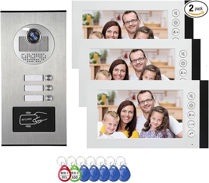 ANJIELO SMART Wired Video Multifamily Apartment Intercom System,2/3/4/6/8/10/12 Units 7 inch Monitor Video Door Phone Kit,Video Doorbell, ID Card Unlock, 2 Way Audio for Home (1 doorbell + 3 Monitor)