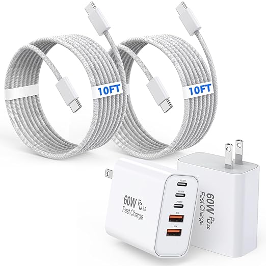 10Foot iPhone 17/16/15 Cord Fast Charging,2Pack Super Quick 60W i Phone USBC Charging Block 5-Port Phone Plug Long 10FT Type C Woven Cable for i Phone17/17 Air,iPhone 16e/16/15/15Pro,iPad Pro/Air/Mini