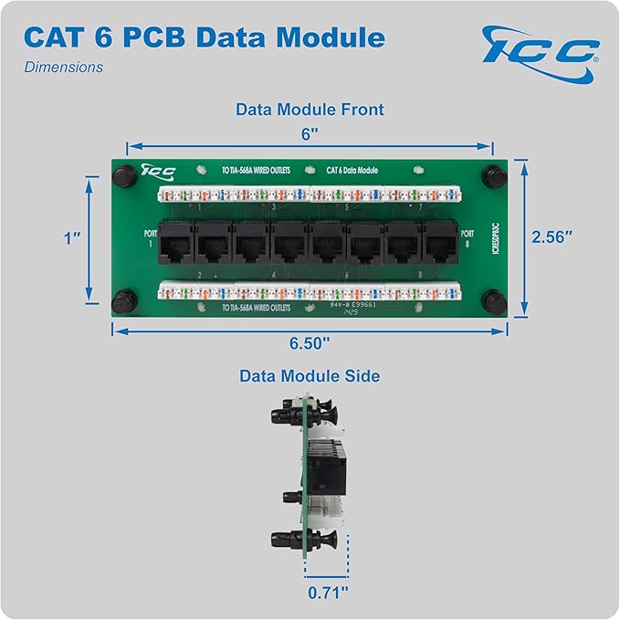 ICC CAT6 Ethernet Data Module, 8 Ports, UL Listed & PoE++ Rated, High-Performance Network Interface, Quick Push-Pin Mount, Fits 9", 14", and 28" Structured Wiring Enclosures, 10-Pack
