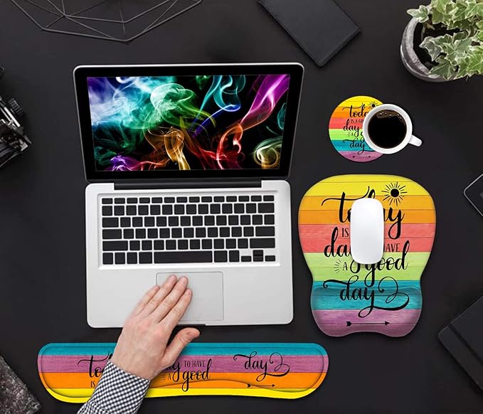 Mouse Pad Wrist Support and Keyboard Wrist Rest Set with Coasters, Today is a Good Day to Have a Good Day Inspirational Quote with Non-Slip PU Base Ergonomic Mousepad for Computer Laptop Home Office