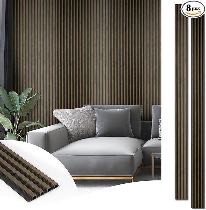 Art3d 8-Pack WPC Wood Slat Wall Panel for Interior Décor, 3D Wood Fluted Acoustic Paneling for Living Room Bedroom Home & Office Accent Wall Decor - 96 x 6 Inch Ebony