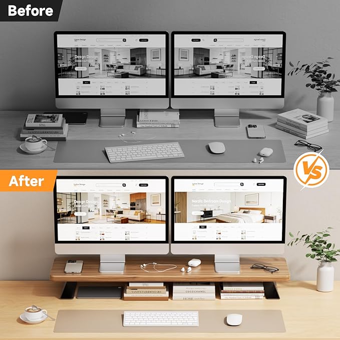 NestNeat Dual Monitor Stand Riser, 39 Inch Large Wood Monitor Stands for 2 Monitors, Desk Monitor Riser for Computer/Laptop/Printer/TV, Stand Riser up to 220 lbs