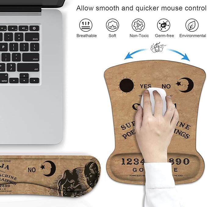 Ergonomic Mouse Pad Wrist Support and Keyboard Wrist Rest Set with Coasters, Non-Slip PU Base, Easy Typing and Relieve Wrist Pain, Perfect for Home Office Working Studying, Retro Ouija Board