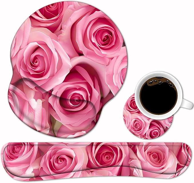Keyboard Wrist Rest and Mouse Pad Wrist Support Set with Coasters, Non-Slip PU Base Ergonomic Gaming Mousepad for Home Office Working Studying Easy Typing & Pain Relief, Pink Roses