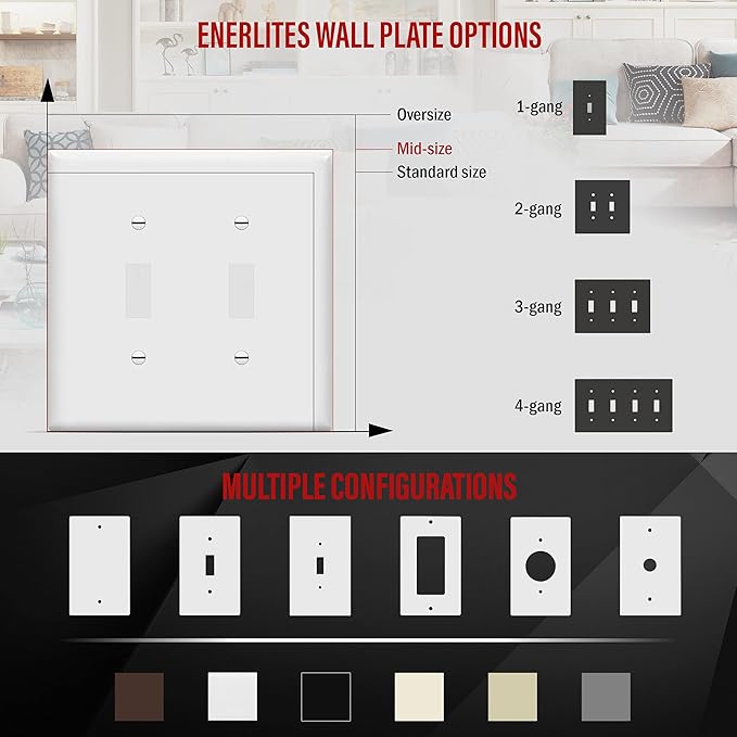 ENERLITES Toggle Switch Wall Plate, 2-Gang 4.88" x 4.92", Mid-Size, UL Listed, 8812M-W-10PCS, White (10 Pack)