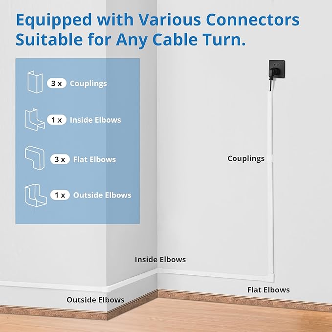 One-Cord Hider Kit, 126in Cable Covers for Wires on Wall, Mini Wire Hider for Wall Mounted TV, White Cable Raceway, Paintable Cord Cover Cable Management for Home Office, 8 x L15.7in W0.6in H0.4in